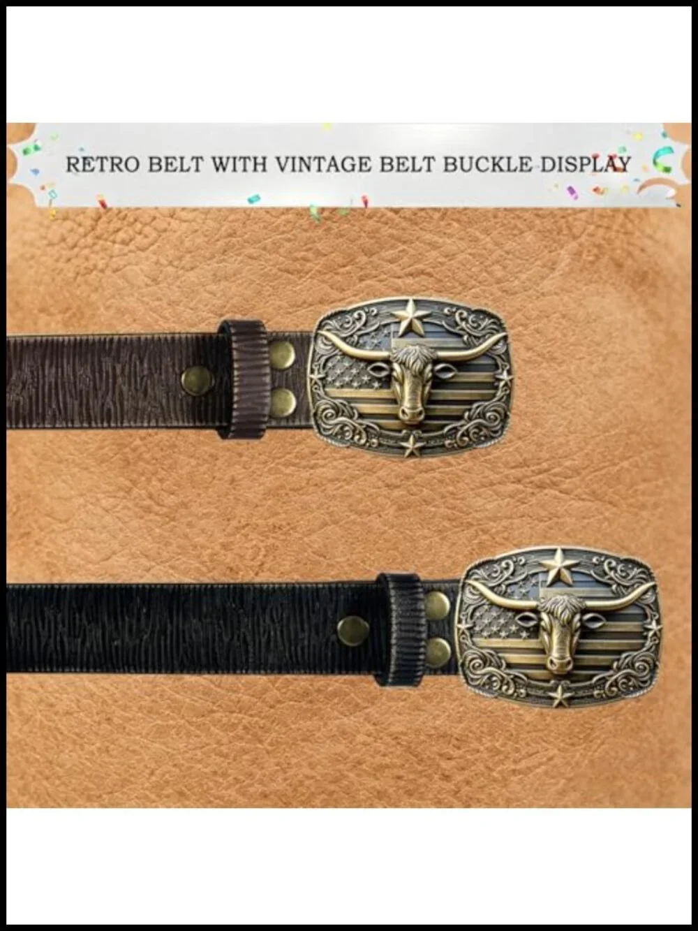 Vintage Western Leather Belt with Bronze Longhorn Buckle, Rodeo Cowboy Gift
